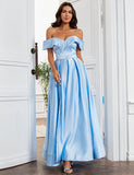 Robe de Soirée Longue Bleu à Épaules Dénudées