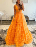 Robe de Soirée Longue en Tulle à Col en V Orange