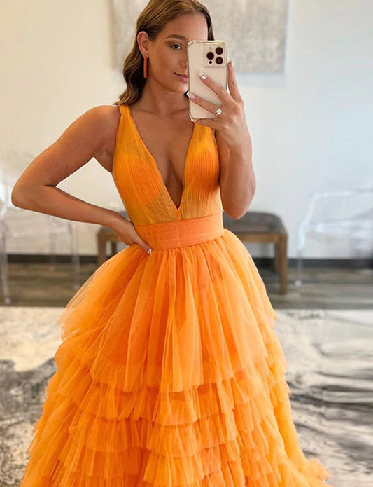 Robe de Soirée Longue en Tulle à Col en V Orange