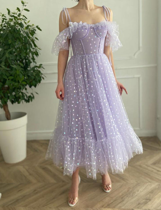 Robe de Soirée Lilas à Épaules Dénudées