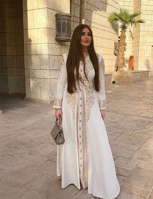 Blanc Caftan Marocain avec Broderie