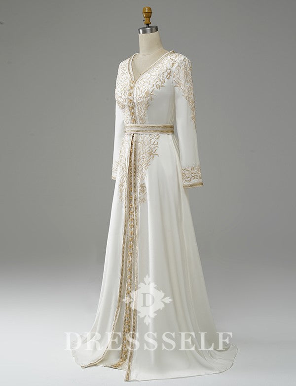 Blanc Caftan Marocain avec Broderie