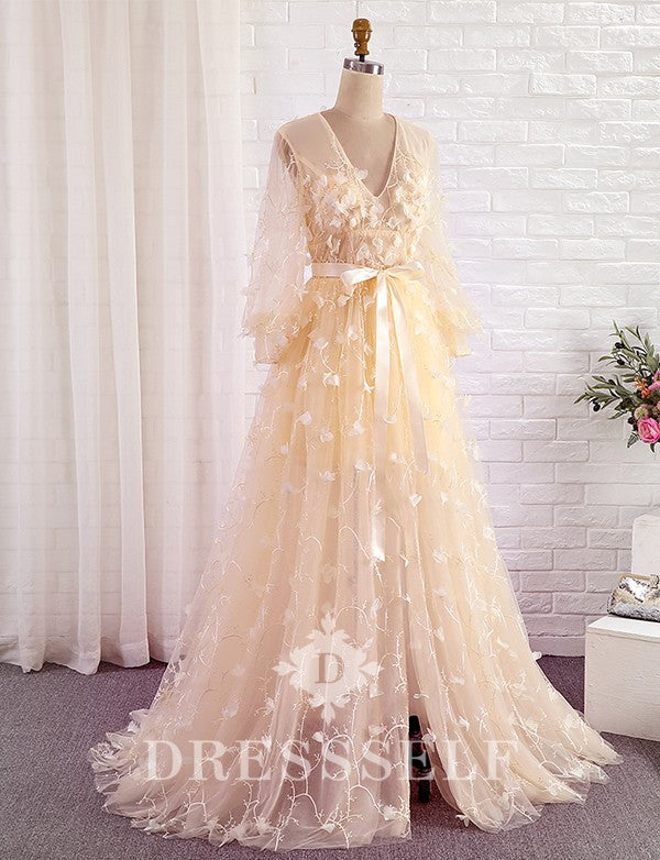 Tulle à Manches longues Col en V Formelle Robes de Soirée
