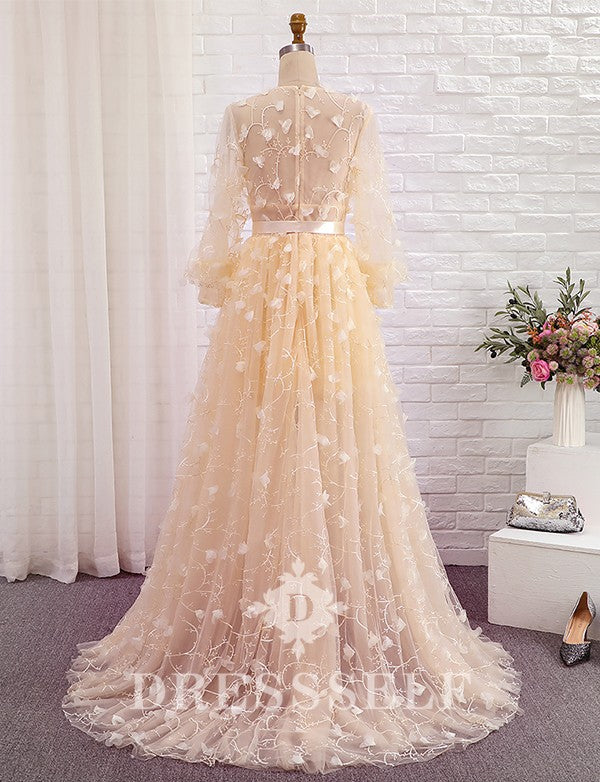 Tulle à Manches longues Col en V Formelle Robes de Soirée