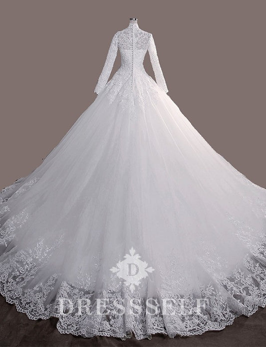 Robe de Mariée Musulmane de Luxe en Dentelle Brodée