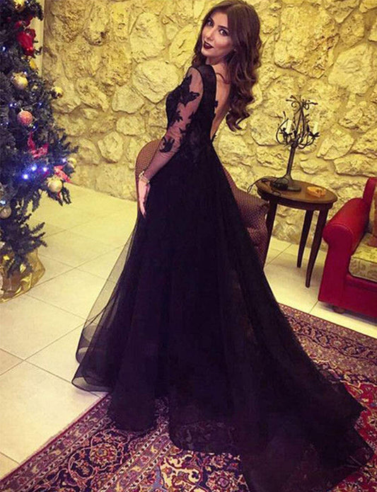 Robe de Soirée Manches longues Dentelle Appliqués