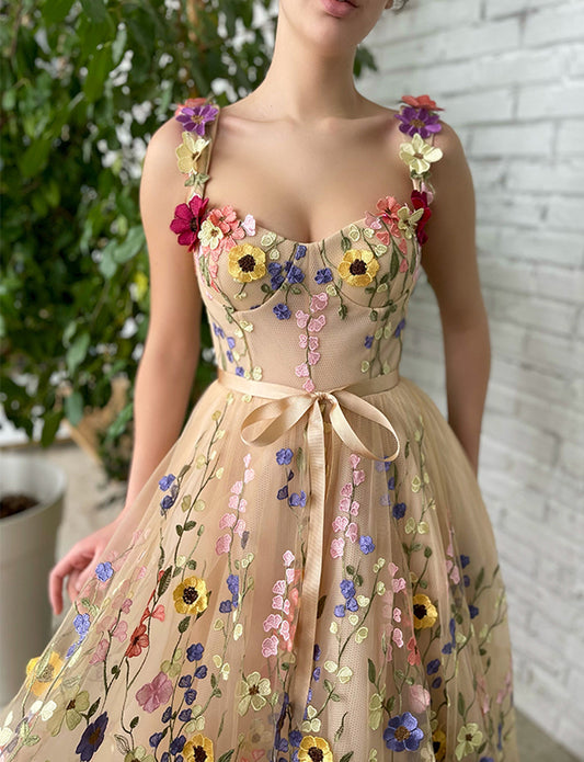 Robe de Soirée Longue Fleurie Champagne