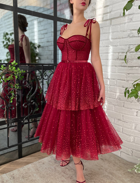 Robe de Ssoirée en tTulle Rouge Foncé à Paillettes