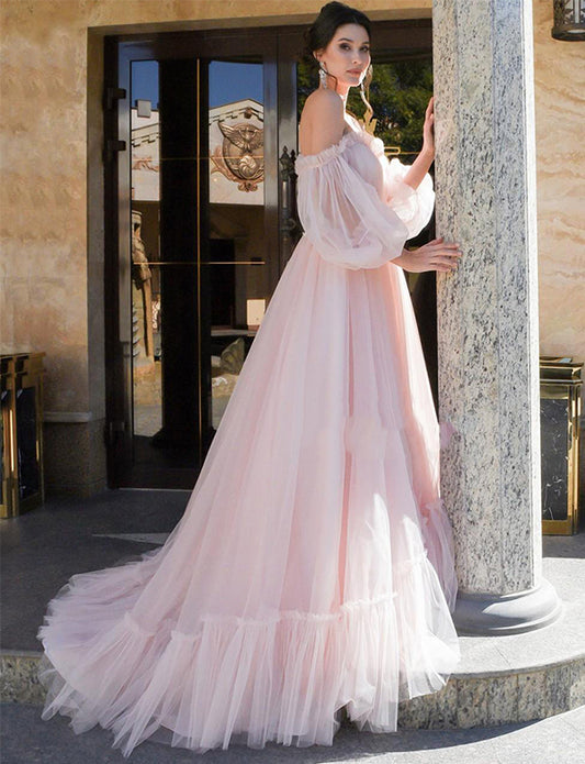 Robe de Bal Longue en Tulle Rose