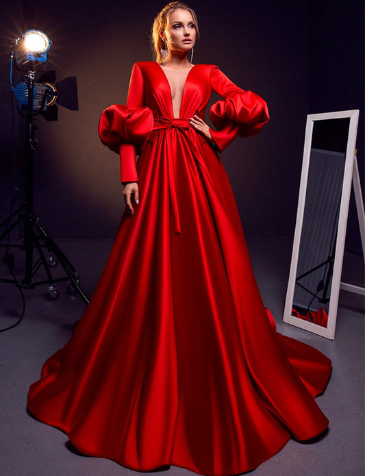 Robe de Soirée Longue en Satin Rouge